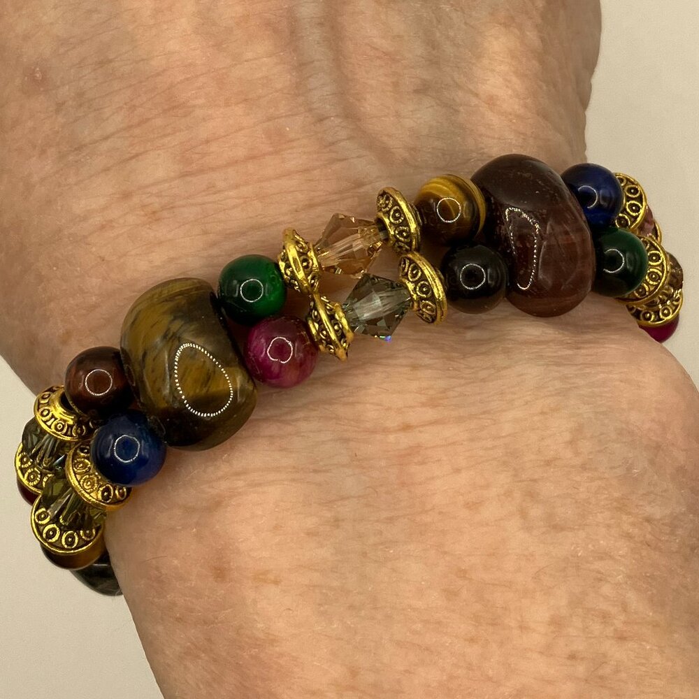 Tiger Eye Bracelet 2 strand 7-inch Austrian Crystal Golden spacers New Gift Box